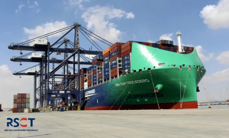 CMA CGM TROCADERO, a 23,104-TEU ultra-large container vessel, calls at Red Sea Container Terminals in Sokhna, Egypt.