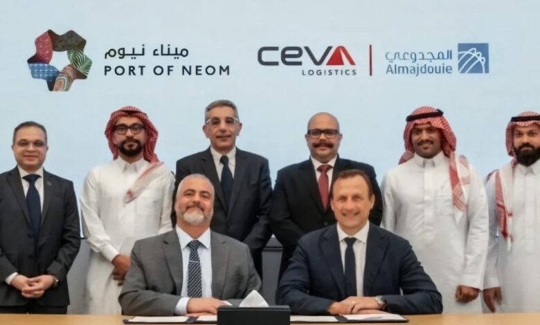 Port of NEOM and CEVA Almajdouie Logistics collaboration on multimodal freight connectivity.