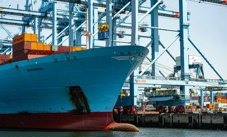 Maersk container shipping operations amid new peak season surcharges affecting international trade routes.